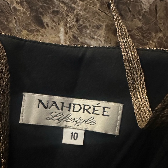 NWT-Vintage NAHDREE Lifestyle Gold Color Overlay Black  Silts Zipper Dress. 10. - Picture 2 of 8